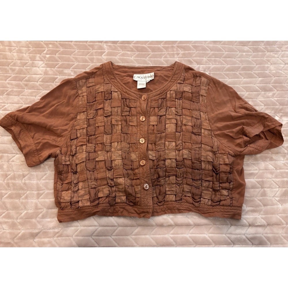 Y2K Whimsigoth Smocked Texture Button Crop Top Rust Brown Basketweave Shirt SZ L - Picture 3 of 14